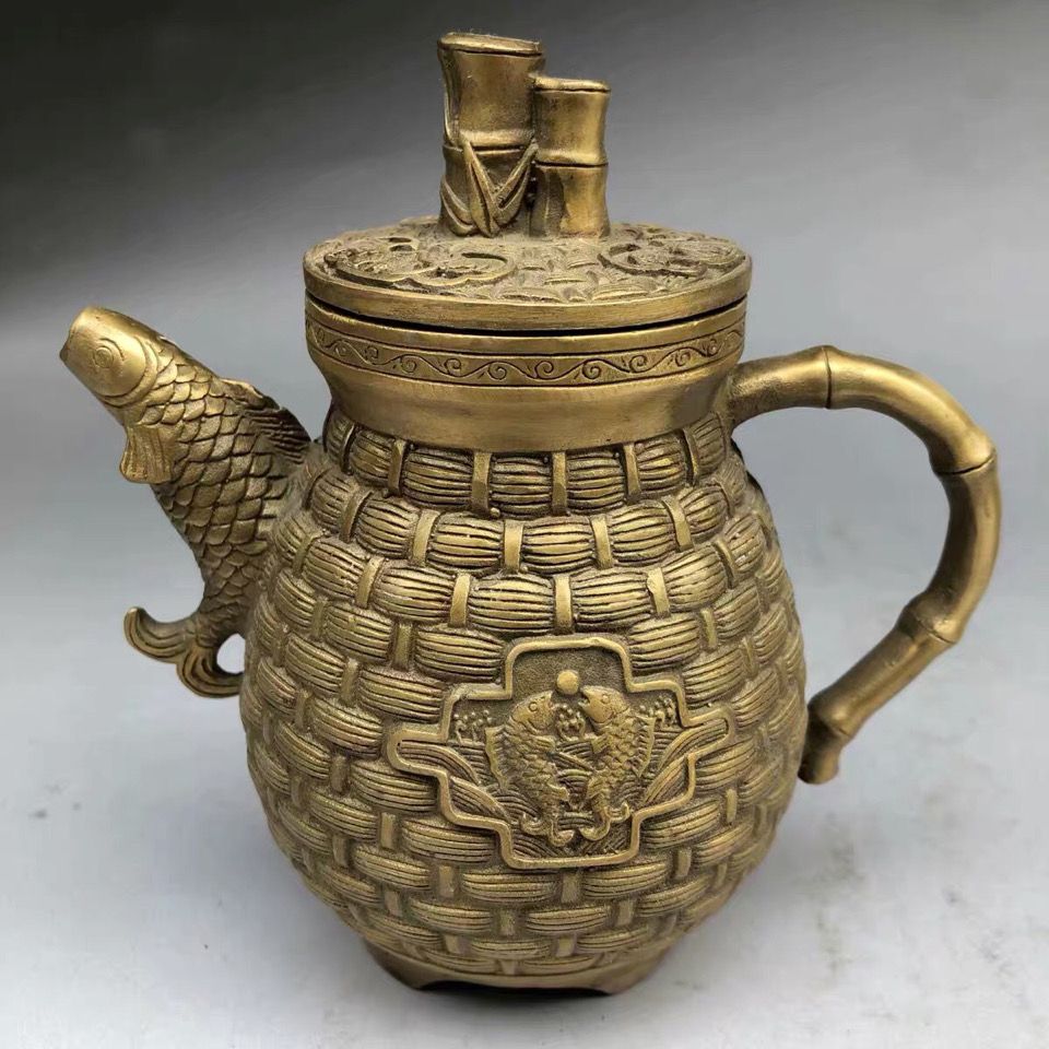 仿古铜器年年有余年年有鱼纯铜茶壶茶罐子黄铜茶壶纯铜竹篓铜茶壶