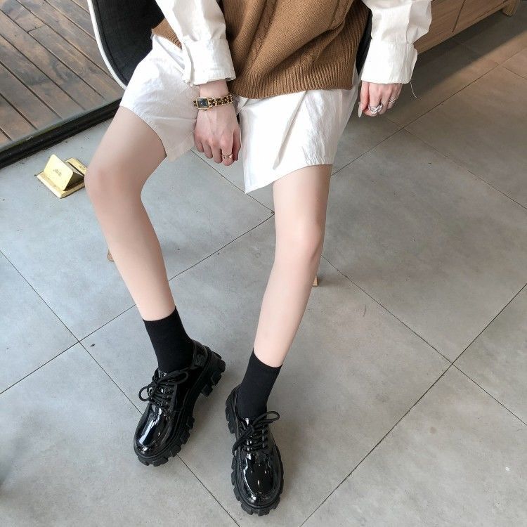 Thick-soled sponge cake shoes British style  spring, summer and autumn college all-match increased patent leather students round head small leather shoes women