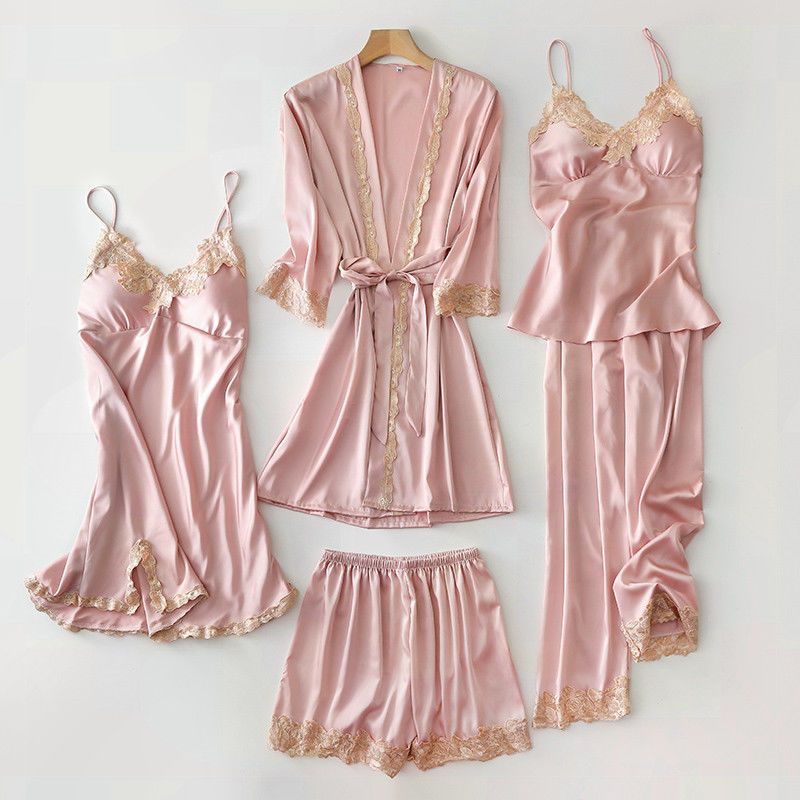 Summer and autumn pajamas women's sexy five-piece set ice silk thin section long-sleeved nightgown nightdress suspenders chest pad can be worn outside