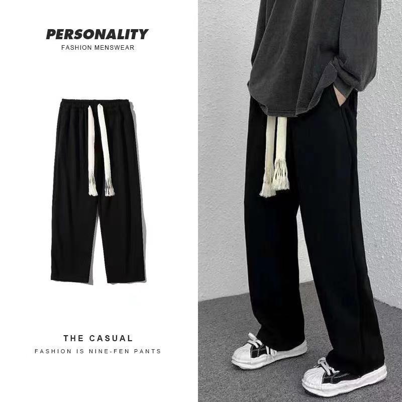 Hand-woven drawstring sweatpants men's loose straight ins high street large size wide leg pants trendy spring and autumn long pants