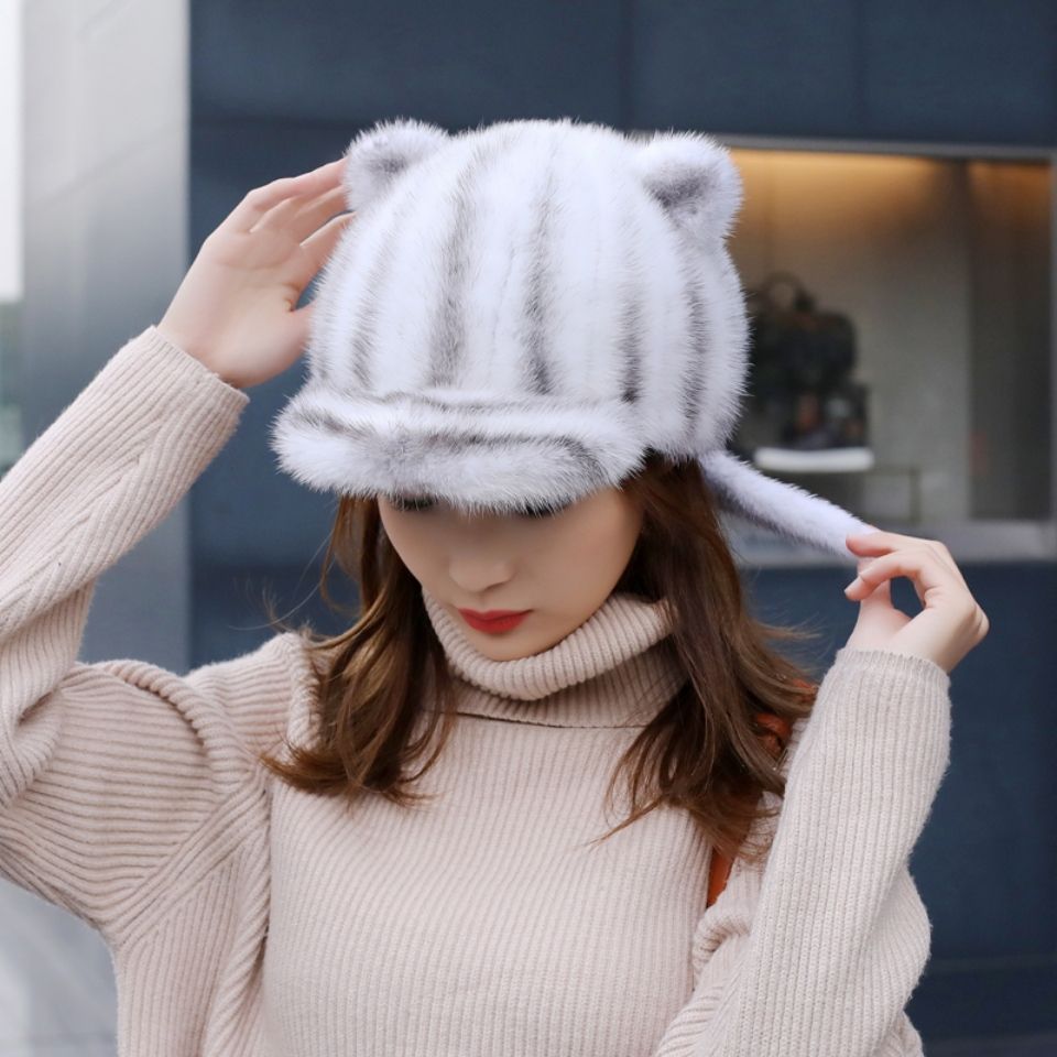 新款水貂猫耳朵帽子女士可爱冬季保暖新品皮草时尚护耳鸭舌棒球帽