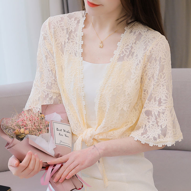 【送吊帶】夏季防曬衣蕾絲小披肩外套女短款開衫外搭中袖薄款上衣
