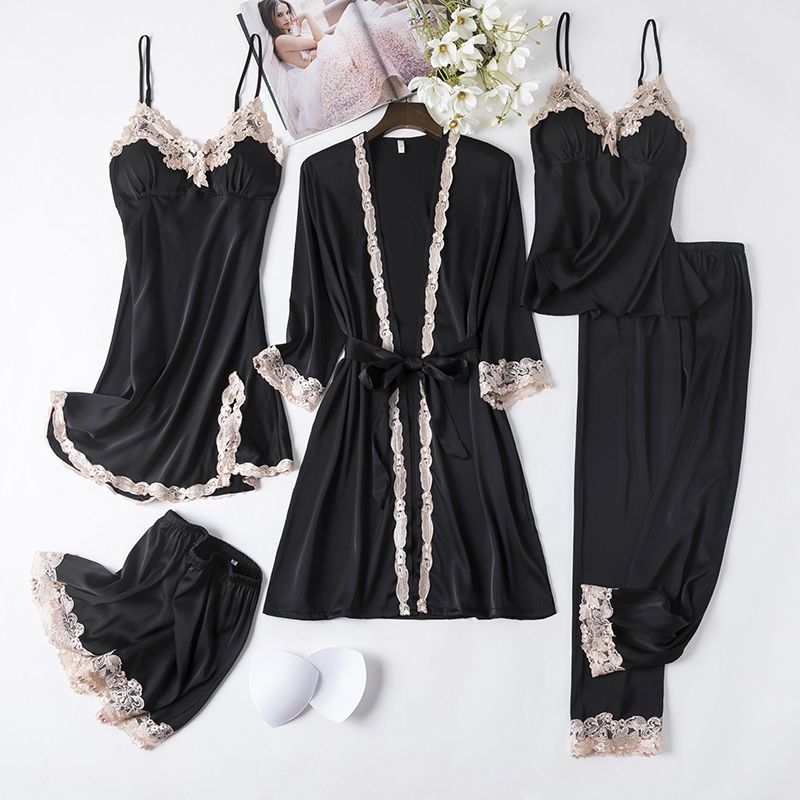 Summer and autumn pajamas women's sexy five-piece set ice silk thin section long-sleeved nightgown nightdress suspenders chest pad can be worn outside