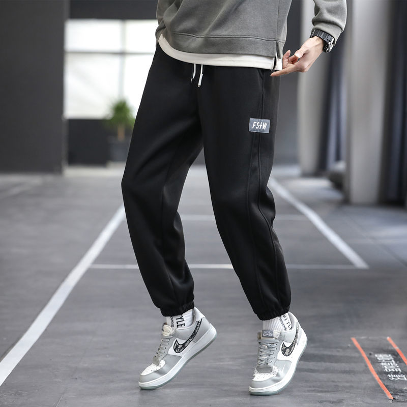 Gray trousers men's spring and autumn new sports pants autumn and winter bundled feet plus velvet thickened sweatpants casual trousers men