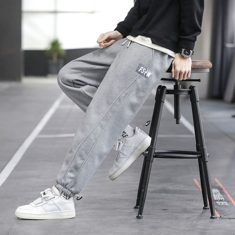 Gray trousers men's spring and autumn new sports pants autumn and winter bundled feet plus velvet thickened sweatpants casual trousers men