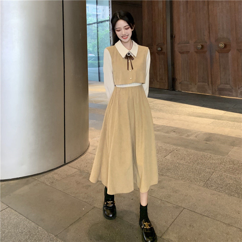 Bow dress spring and autumn  new temperament French sweet retro fake two-piece mid-length skirt for women