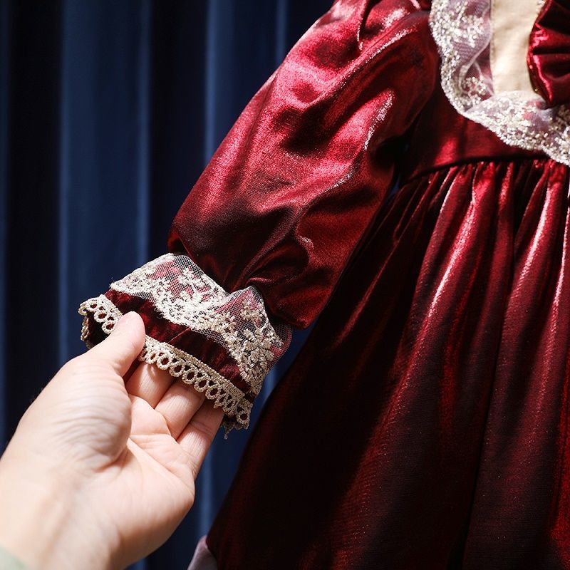 新年服女童连衣裙秋冬装加绒过年喜庆儿童公主裙女宝红色丝绒裙子