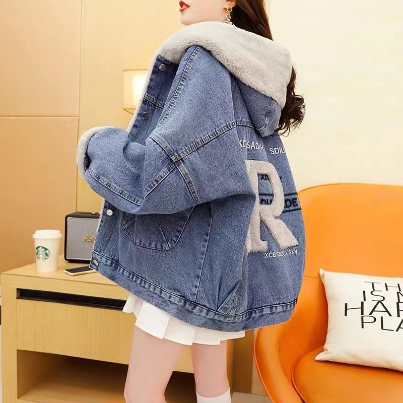 Plush thickened denim jacket women's short section small man  new autumn and winter loose all-match cotton jacket trendy