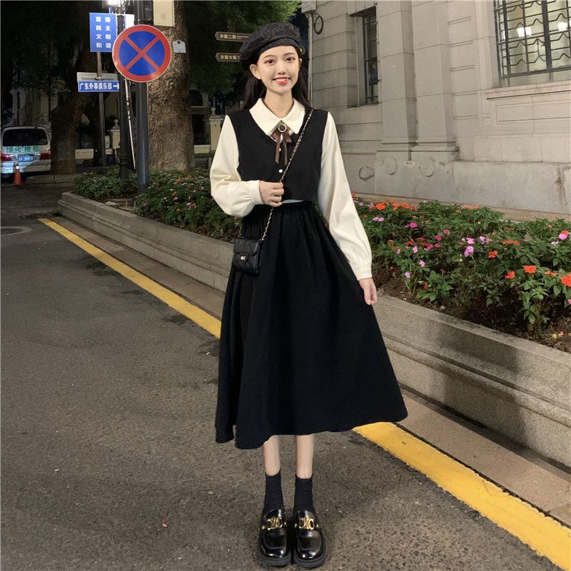 Bow dress spring and autumn  new temperament French sweet retro fake two-piece mid-length skirt for women