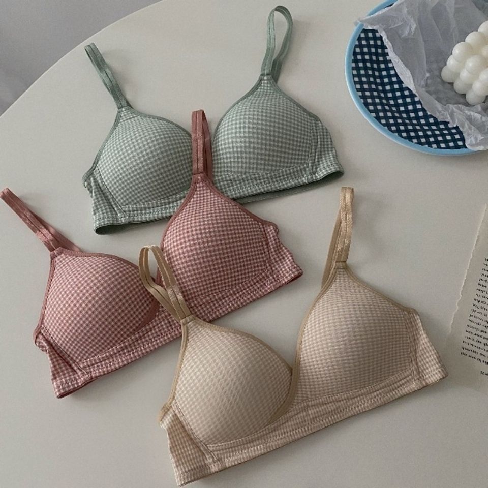 少女内衣小胸聚拢收副乳防下垂无痕文胸大胸显小无钢圈格子文胸