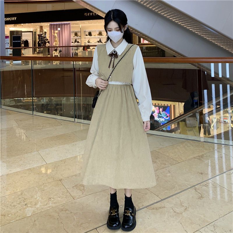 Bow dress spring and autumn  new temperament French sweet retro fake two-piece mid-length skirt for women