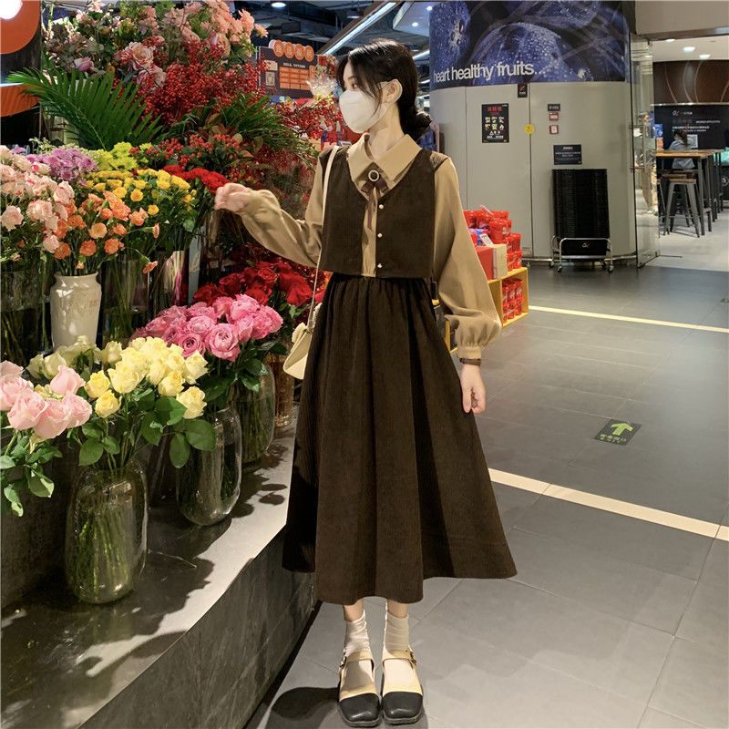 Bow dress spring and autumn  new temperament French sweet retro fake two-piece mid-length skirt for women