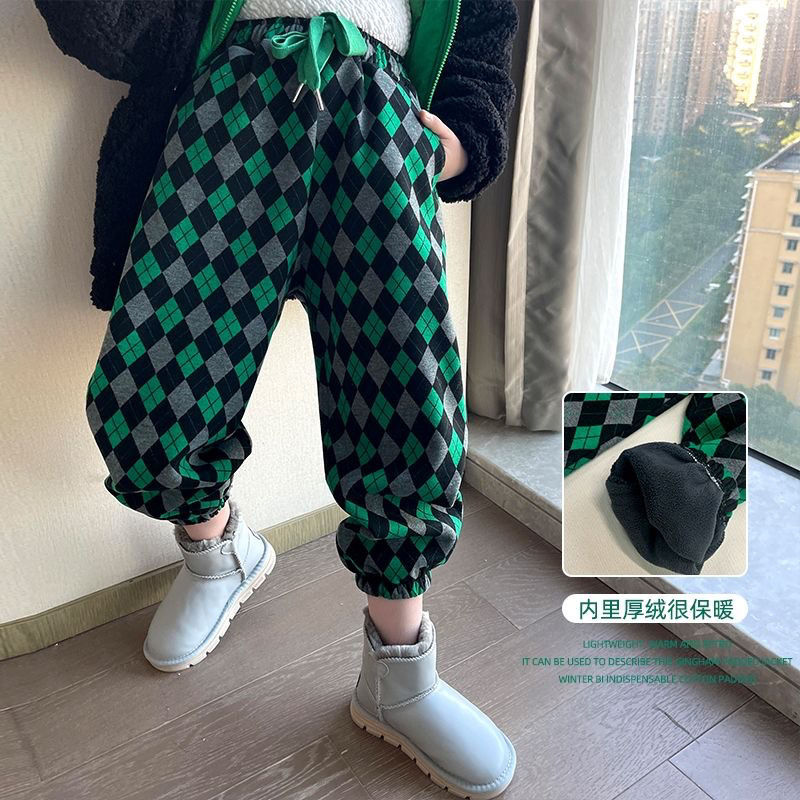 童裝男女童加絨加厚褲子冬裝2022新款中大兒童一體絨菱格束腳長褲