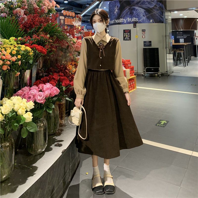 Bow dress spring and autumn  new temperament French sweet retro fake two-piece mid-length skirt for women