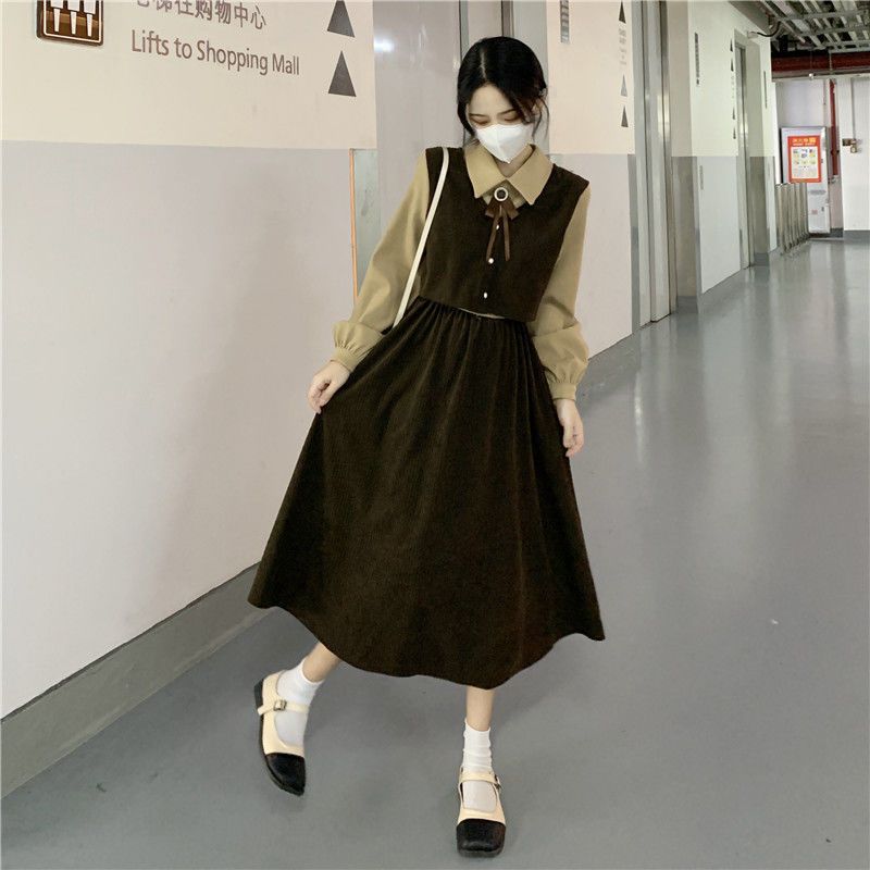 Bow dress spring and autumn  new temperament French sweet retro fake two-piece mid-length skirt for women