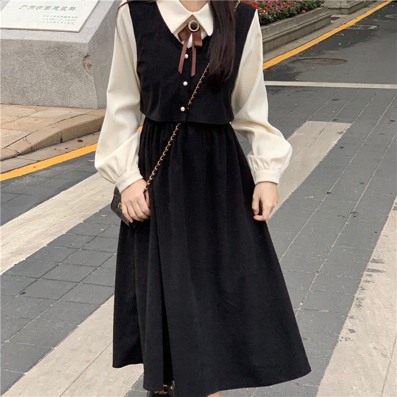 Bow dress spring and autumn  new temperament French sweet retro fake two-piece mid-length skirt for women