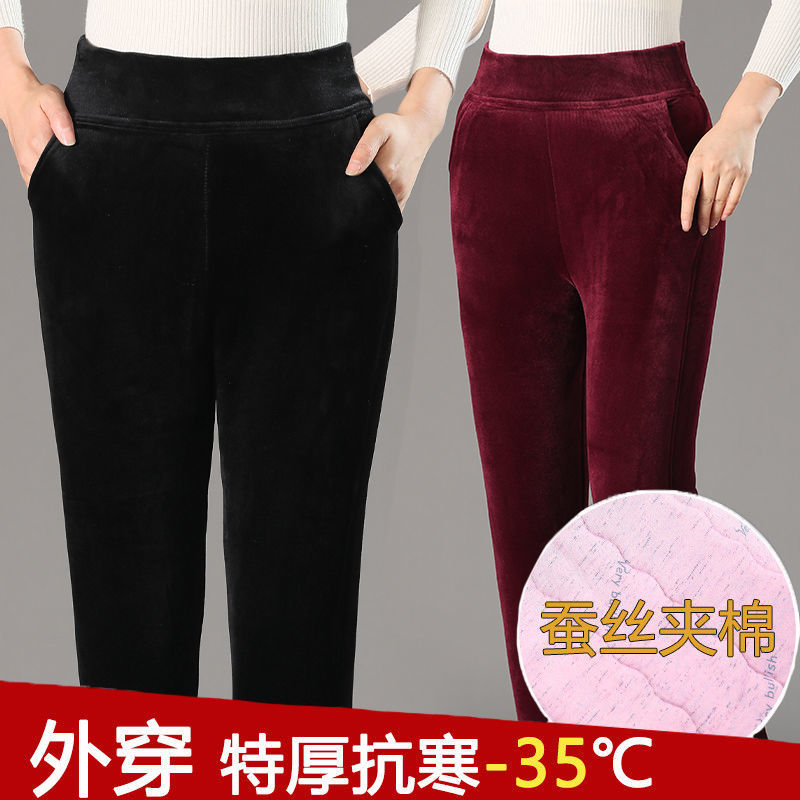Middle-aged and elderly women's silk cotton body-fitting cotton pants mother high waist elastic warm pants corduroy plus size outerwear cotton pants