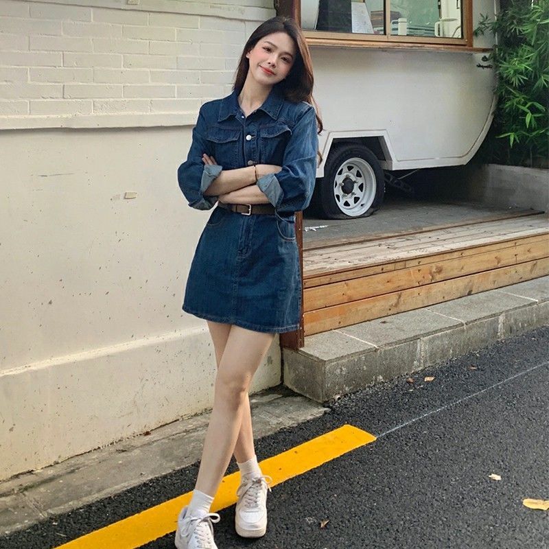 辣妹復古氣質長袖牛仔連衣裙女秋季韓版小個子收腰春季短款a字裙