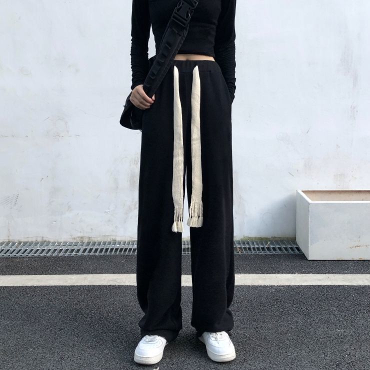 Wide leg pants women's  ice silk thin high waist hanging loose straight tube sports pants look thin and versatile casual pants