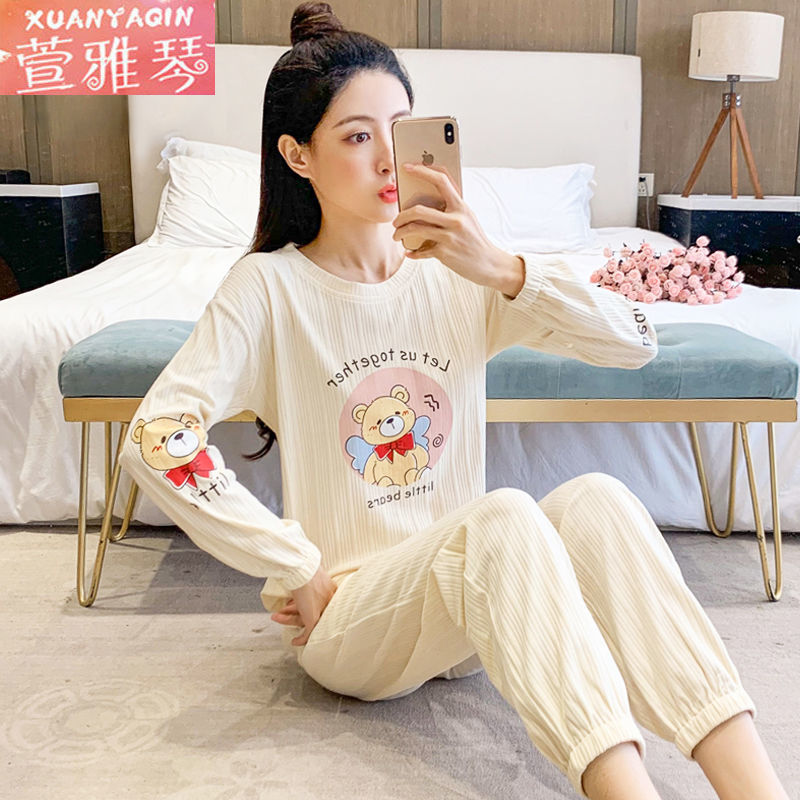 Women's pajamas autumn and winter long-sleeved round neck 2021 new women's Korean version of the cartoon leisure can be worn outside home service suit