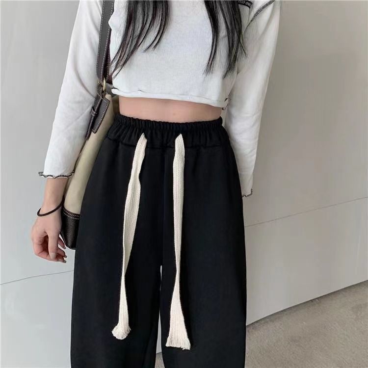 Plus velvet gray sports pants women's autumn and winter new high waist straight loose wide leg pants female students casual pants