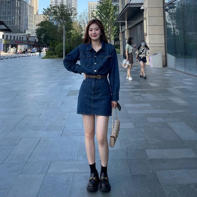 牛仔連衣裙女2023年新款春秋長袖收腰顯瘦學生a字裙氣質洋氣裙子