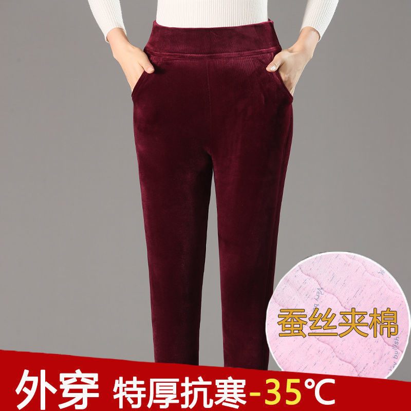 Middle-aged and elderly women's silk cotton body-fitting cotton pants mother high waist elastic warm pants corduroy plus size outerwear cotton pants