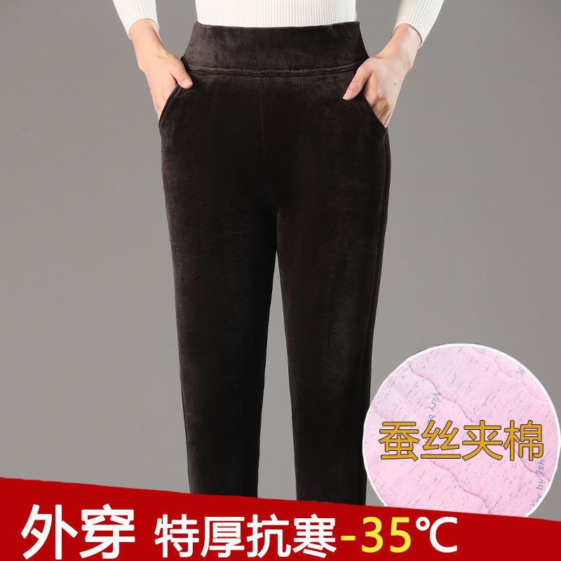 Middle-aged and elderly cotton trousers women's three-layer thickened corduroy warm pants mother's high waist elastic corduroy outerwear leggings