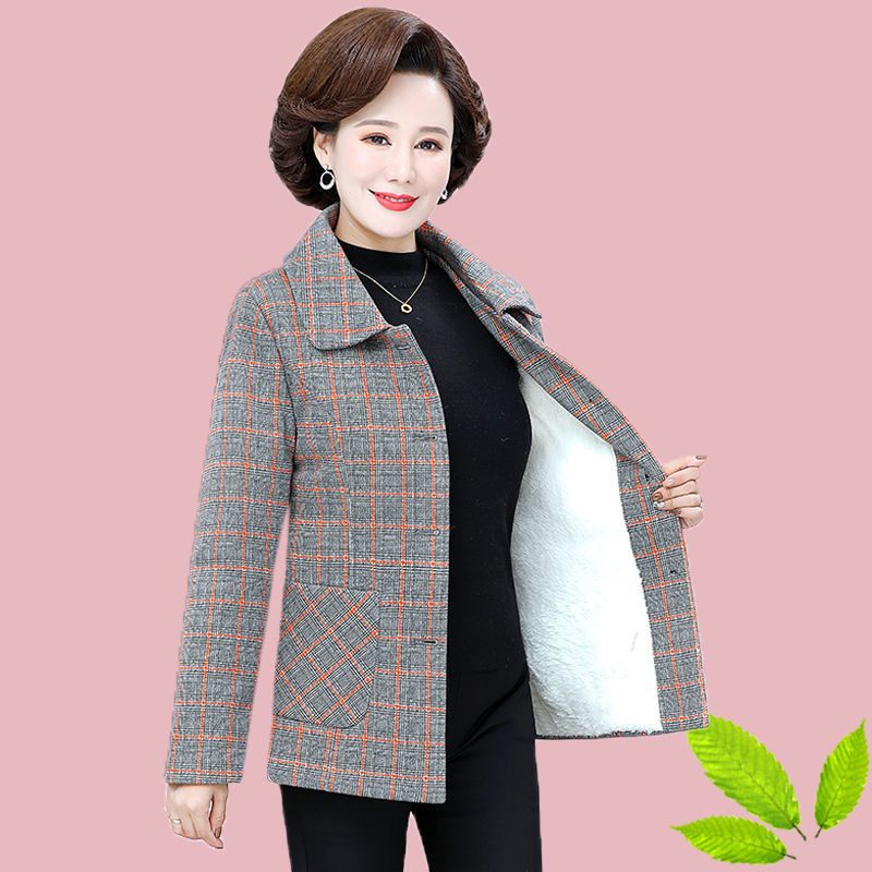 中年媽媽冬裝時尚外套女短款加絨加厚秋冬保暖上衣格子外套秋冬款