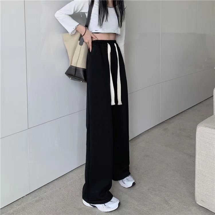 Plus velvet gray sports pants women's autumn and winter new high waist straight loose wide leg pants female students casual pants