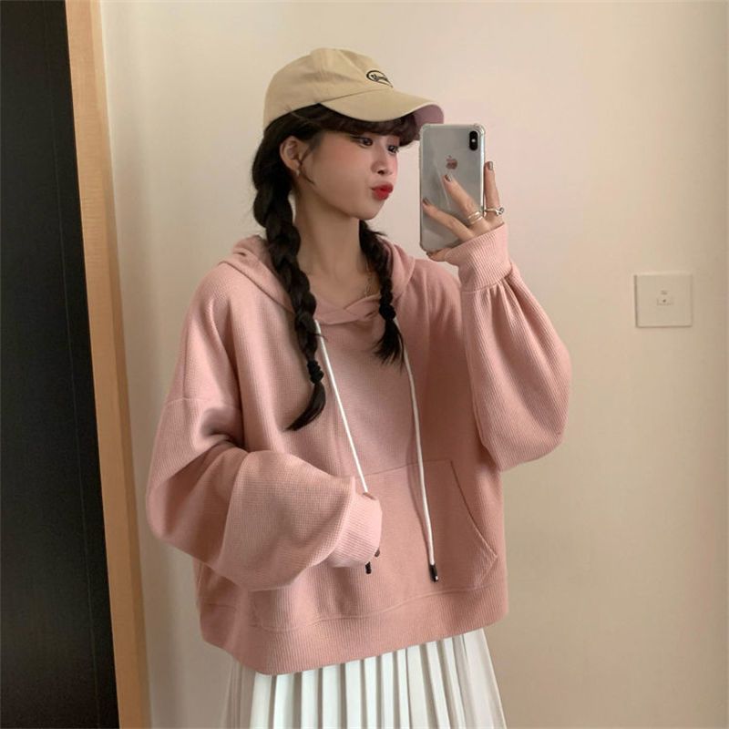 华夫格加绒连帽卫衣女学生秋冬季加厚韩版宽松短款外套女上衣外穿