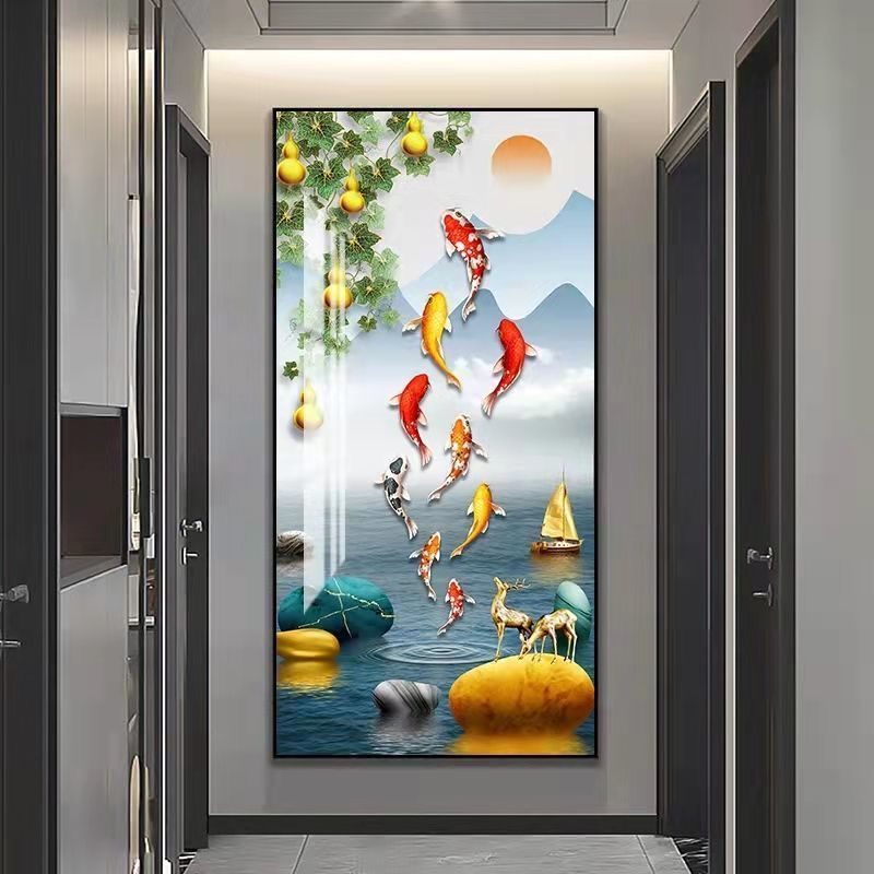 九鱼图玄关装饰画入户晶瓷挂画走廊过道墙画竖版客厅招财风水壁画