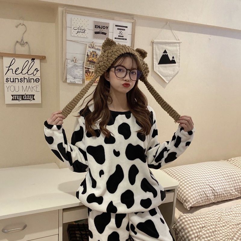 秋冬季睡衣女可愛奶牛珊瑚絨套裝甜美家居服韓版ins可外穿法蘭絨