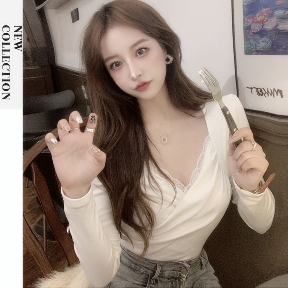 德絨蕾絲打底衫女冬長袖設計感小眾交叉v領上衣性感短款內搭洋氣