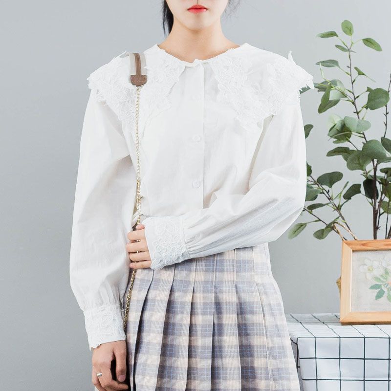 娃娃领纯棉衬衫女学生日系甜美宽松蕾丝拼接纯色衬衣春装长袖上衣