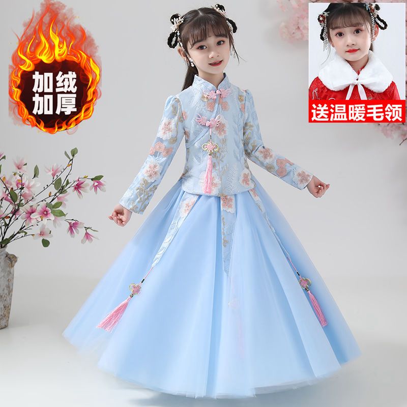 漢服女童加絨2022新款唐裝公主裙兒童旗袍長袖冬季加厚古裝拜年服