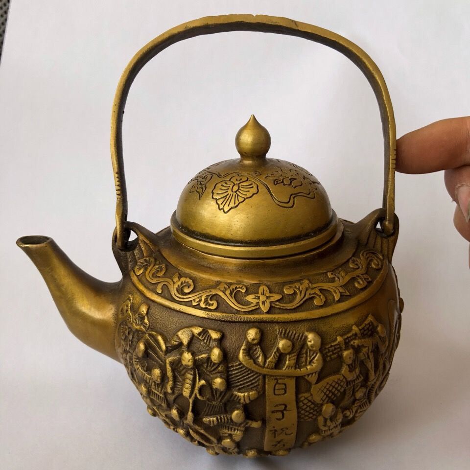 古玩古董乡下老物件 大明宣德年制百子祝寿图纯铜茶壶 家居摆件