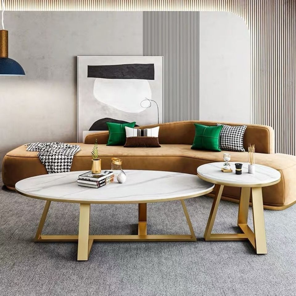 北欧岩板圆形茶几组合小户型简约现代客厅椭圆轻奢大理石小茶几桌