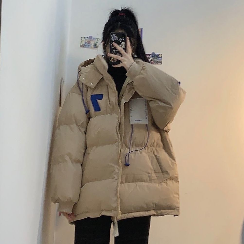 卡其抽繩刺繡加厚棉服外套女冬季新款寬鬆高街休閒連帽麵包服潮
