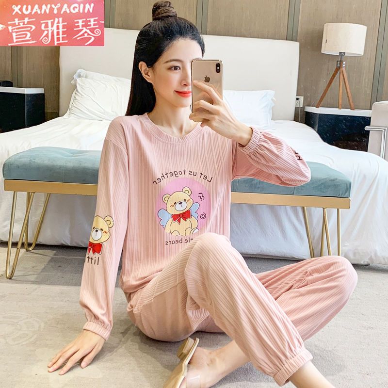 New pajamas women's autumn and winter long-sleeved ins Korean version simple round neck casual spring and autumn can be worn outside home service suit