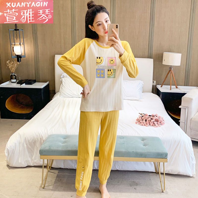 New pajamas women's autumn and winter long-sleeved ins Korean version simple round neck casual spring and autumn can be worn outside home service suit