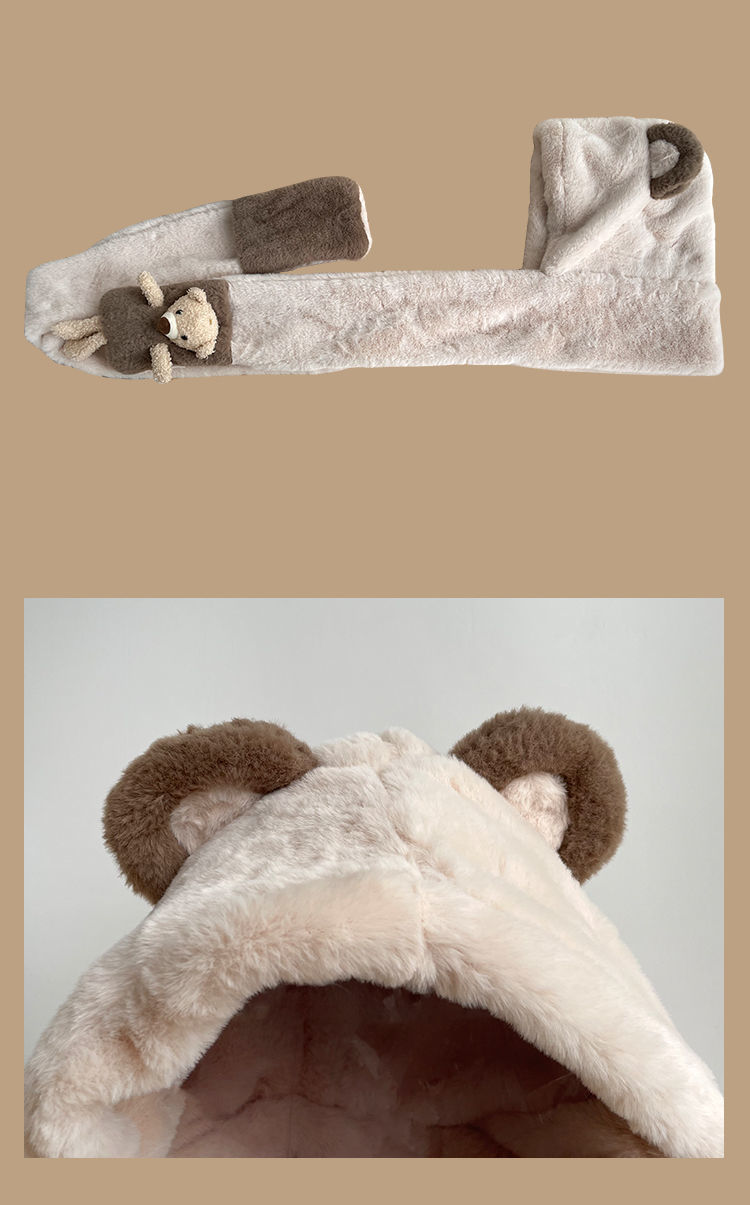 Little Bear Children's Winter Fury Scarf Set of Three in One, Cold and Warm, Thickened Neck, One Piece Hat_voghion.com