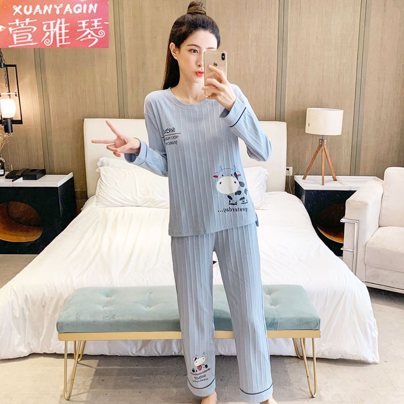 New pajamas women's autumn and winter long-sleeved ins Korean version simple round neck casual spring and autumn can be worn outside home service suit