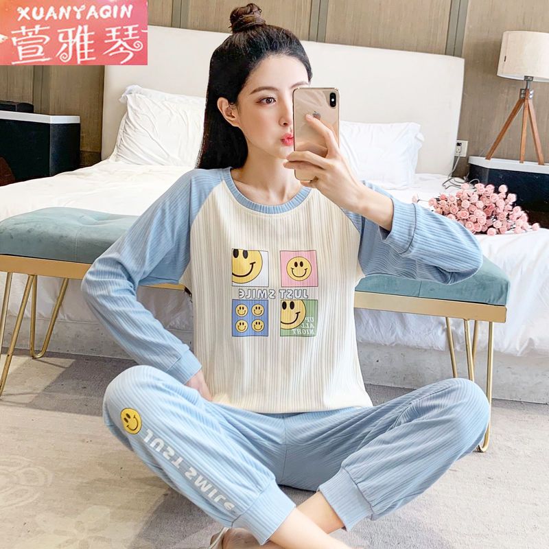 New pajamas women's autumn and winter long-sleeved ins Korean version simple round neck casual spring and autumn can be worn outside home service suit