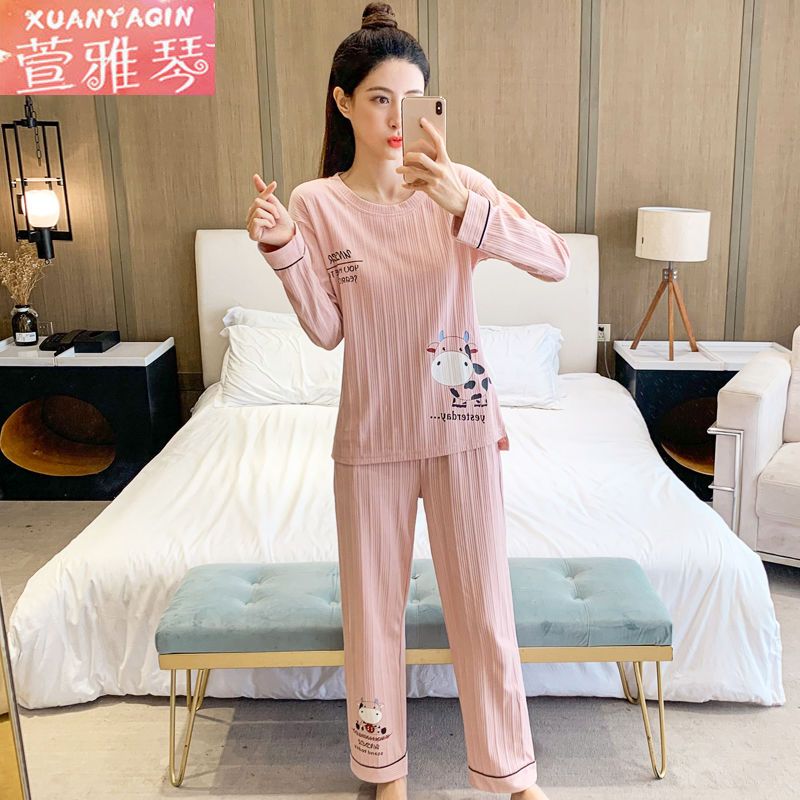 Women's pajamas autumn and winter long-sleeved round neck  new women's Korean version of the cartoon leisure can be worn outside home service suit