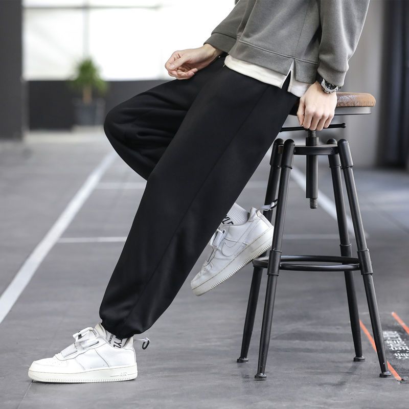 Plus velvet thickened casual pants men's autumn and winter solid color all-match sports pants Hong Kong style gray student trousers