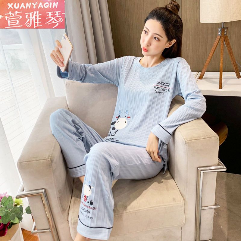 Women's pajamas autumn and winter long-sleeved round neck  new women's Korean version of the cartoon leisure can be worn outside home service suit