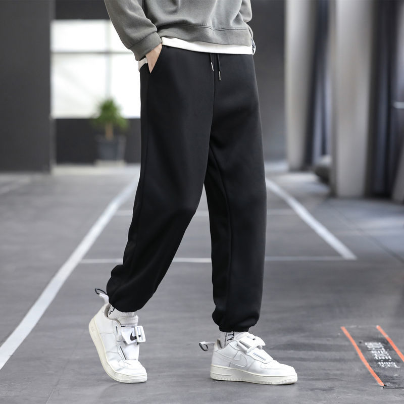 Plus velvet thickened casual pants men's autumn and winter solid color all-match sports pants Hong Kong style gray student trousers