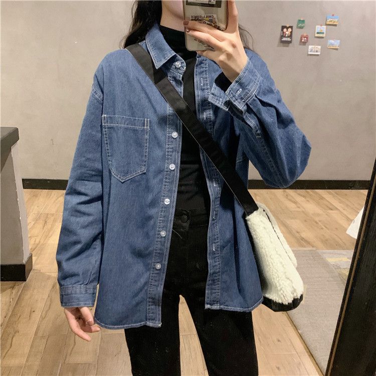 Denim shirts are loose and thin Korean women's denim shirts for girls students wear doll collar shirts inside