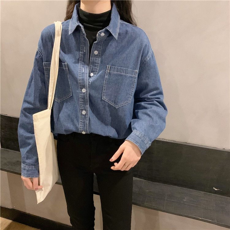 Denim shirts are loose and thin Korean women's denim shirts for girls students wear doll collar shirts inside